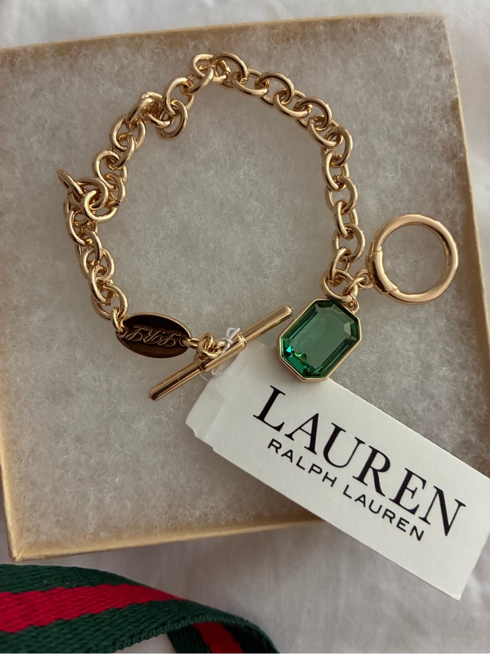 Ralph Lauren Gold-Tone Chain Bracelet with Green Emerald Cut Crystal